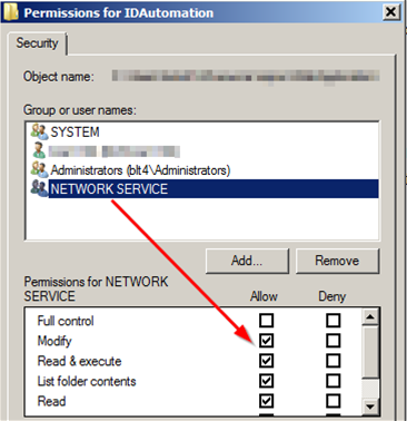 Network Service rights to the IDAutomation Folder